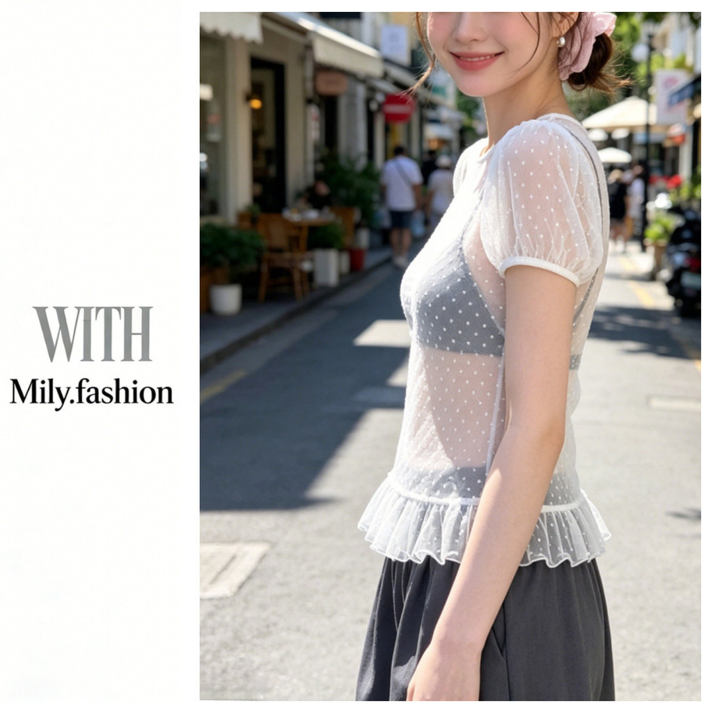 Milyfashion เสื้อยืดสไตล์สาวหวาน Flocking Polka Dot Gauze พัฟแขนและระบายด้านใน