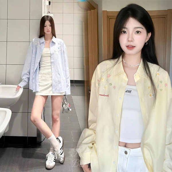 Red Berry เสื้อแขนยาวสีเหลืองปักลายดอกไม้ สำหรับผู้หญิง สวมใส่ในฤดูร้อนเพื่อป้องกันแสงแดด W720