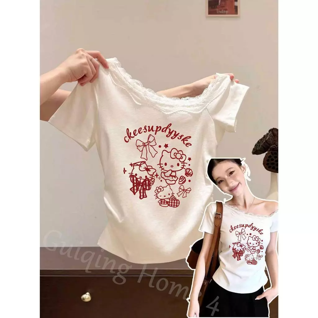 M-4XL เสื้อลูกไม้วัยรุ่นสาวอวบ เสื้อปาดไหล่ ข้างเดียว เสื้อยืดคิตตี้ผู้หญิง เสื้อปาดไหล่ เสื้อน่ารักๆคนอ้วนใส่แล้วดูผอม