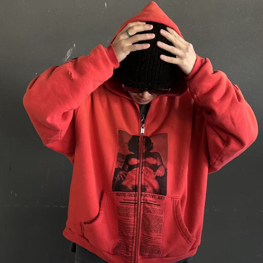 ERD Zipper Patch พิมพ์ Hooded Casual Loose Jacket Sweatshirt