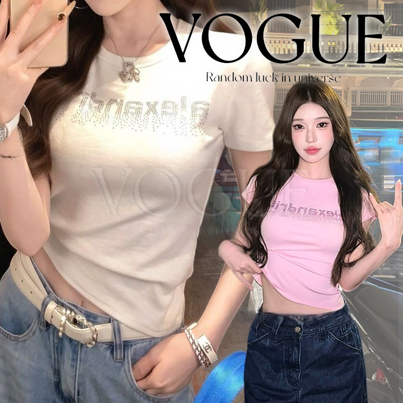 Vogue🌟พร้อมส่ง🌟 เสื้อยืดแขนสั้นคอกลม เข้ารูป สกรีนตัวหนังสือ สไตล์เกาหลี (FY2130)