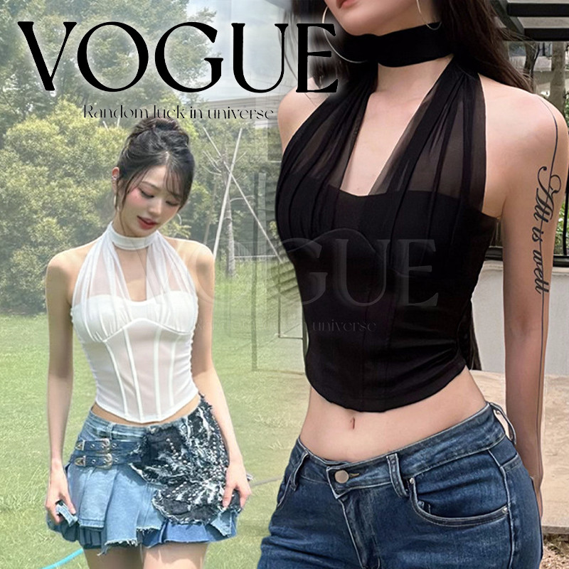 Vogue🌟พร้อมส่ง🌟 เสื้อเกาะอก คล้องคอ ผ้าซีทรูใส่ได้หลายแบบ มี2สี ทรงครอปพอดีตัว  (FY5113#1)