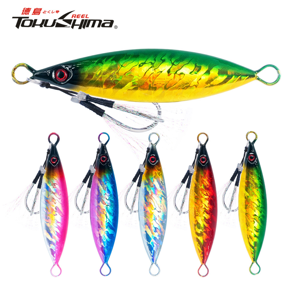Holographic โลหะ Jig Fishing Lure 10g-100g Shore Jigging เหยื่อ Fast Sinking Casting Lure พร้อม Double Assist Hook