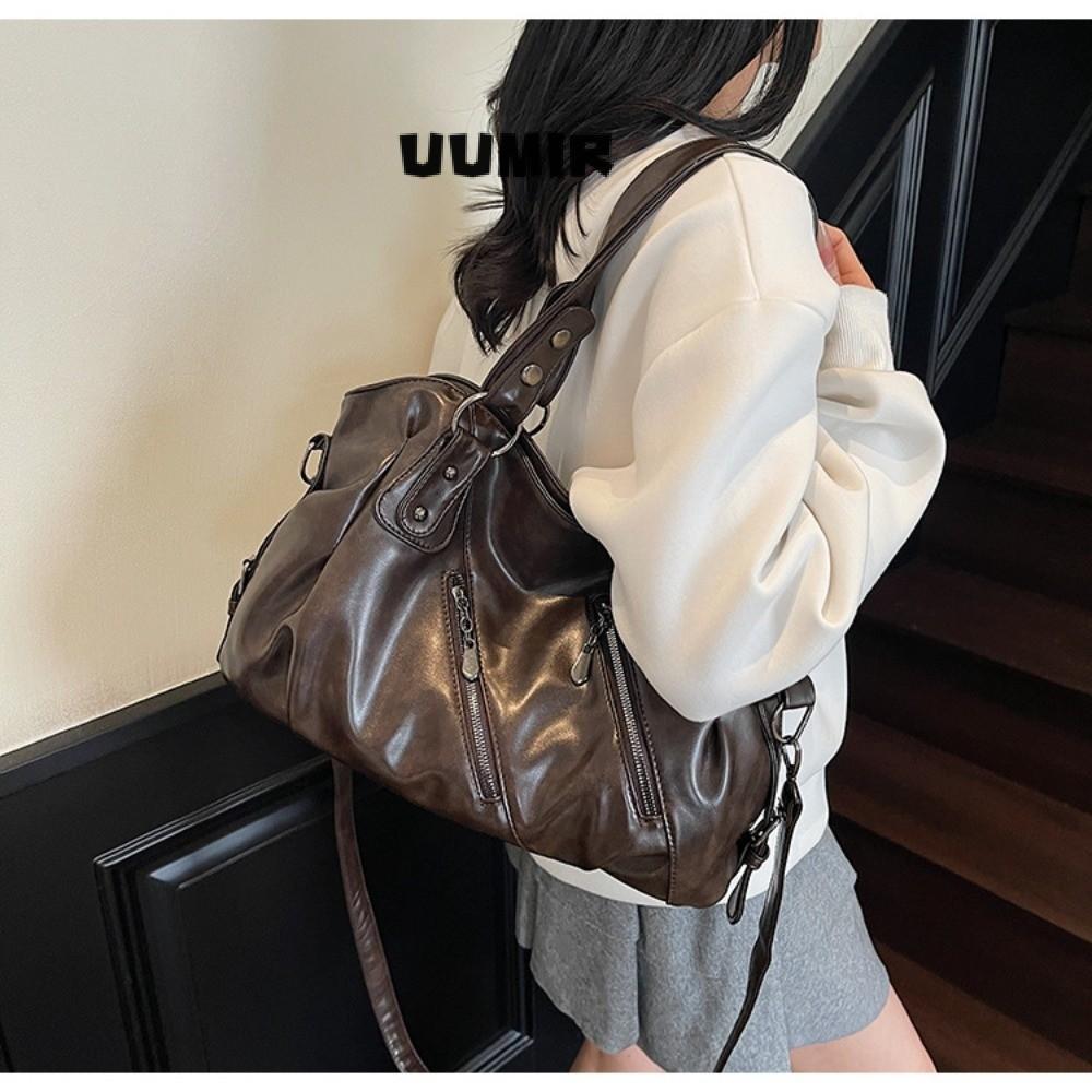 UUMIR Tote Bag กระเป๋าสะพายสีทึบความจุขนาดใหญ่ Casual Multifunctional Glossy PU Leather Soft Handbag Women