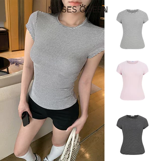 < MOSESQUEEN > มอสส์ ราชินี เสื้อยืดคอกลมลายทางอเนกประสงค์สไตล์พื้นฐานสําหรับผู้หญิงเสื้อท็อปแขนสั้นอินเทรนด์สําหรับเด็กผู้หญิง #63550
