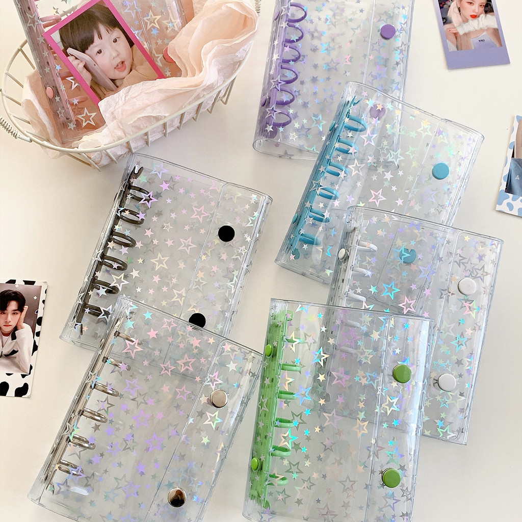 A7 Photo Card Binder โฟลเดอร์หลวม Laser Star PVC ฝาครอบ 6 หลุม Planner Travel โน้ตบุ๊คกันน้ํานักเรียนอัลบั้ม