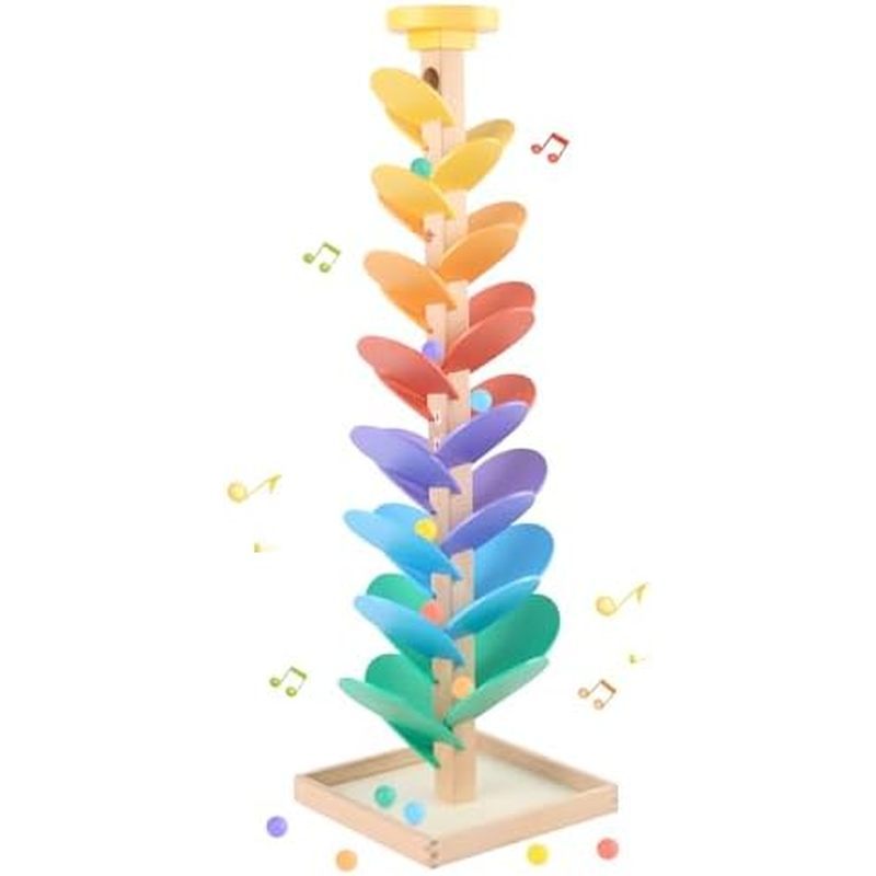 Wooden Marble Run for Kids 4-8 Boys Girls Toys Music Tree Wood Toddlers Marble Ball Run Game Leaves 