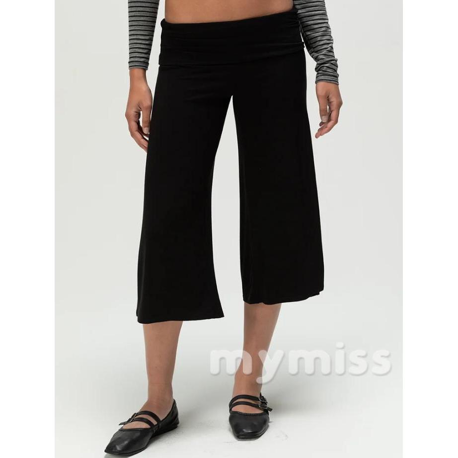 Mymiss1-ชุดนอนสตรีพับ Over เอว Capri แฟชั่นสบายๆสีทึบกางเกงครอปขากว้างแนวราบ