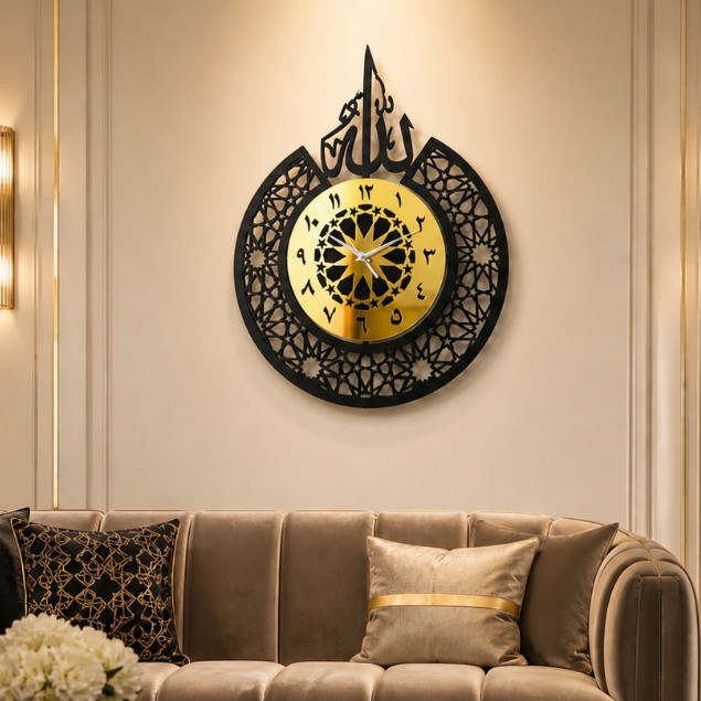 เลเซอร์ Ukir สตูดิโอ Jam Dinding Islamik Decor 60 ซม.ไม้อะคริลิคทองเงินกระจกตกแต่งบ้าน