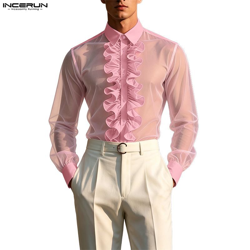 INCERUN Men Vintage French Elegant Lapel แขนยาว Ruffles ออกแบบดูผ่านเสื้อตาข่าย