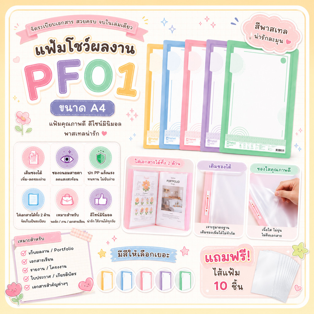 แฟ้มโชว์เอกสาร ตราช้าง PF01 A4 | ปก PP 400 ไมครอน View Binder 10 ซอง เติมได้ | สีสดใส พาสเทล