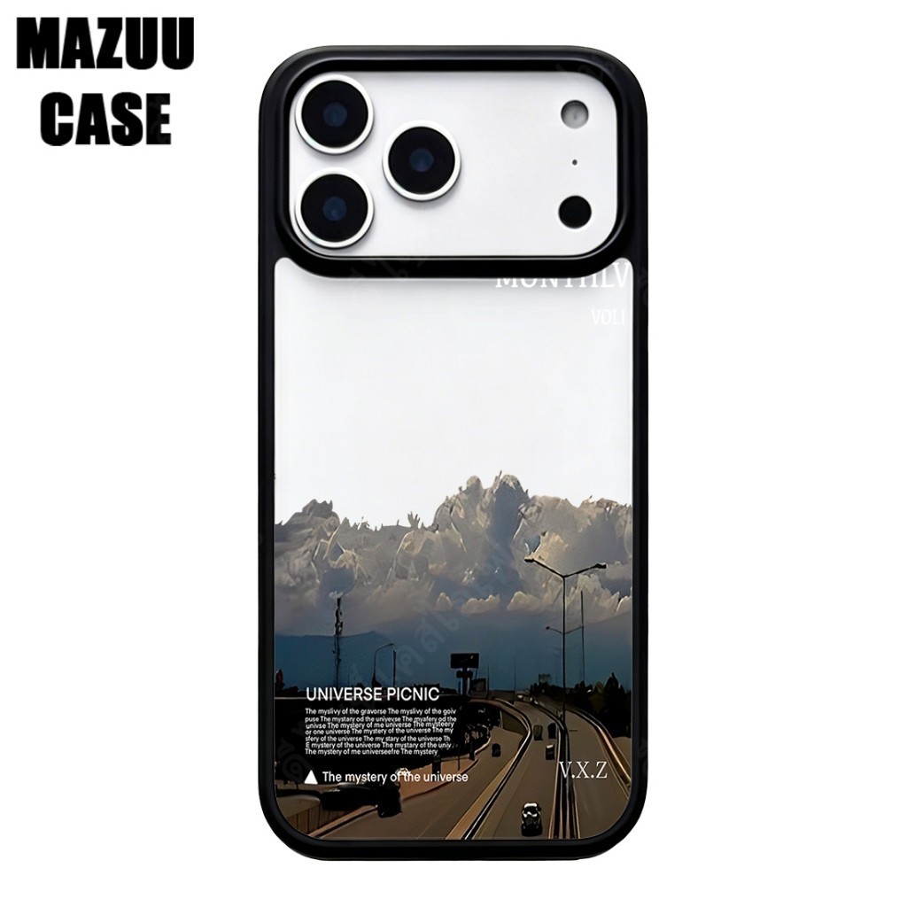 เคสไอโฟน TPU ขอบดำ หลังแข็งใส กันกระแทก ลายถนนและภูเขาสไตล์มินิมอล สำหรับ iPhone 17 16 15 14 13 12 11 Pro Max Plus