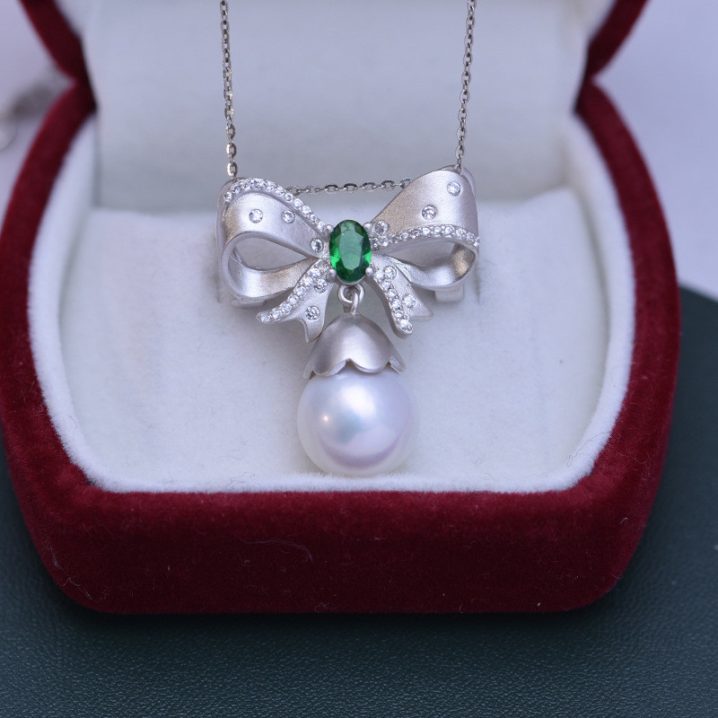 เข็มกลัด s925 Fine น้ําจืด Strong Light สร้อยคอ Bowknot 11-12 มม.จี้ Silver Pearl White หญิงรอบ Flaw