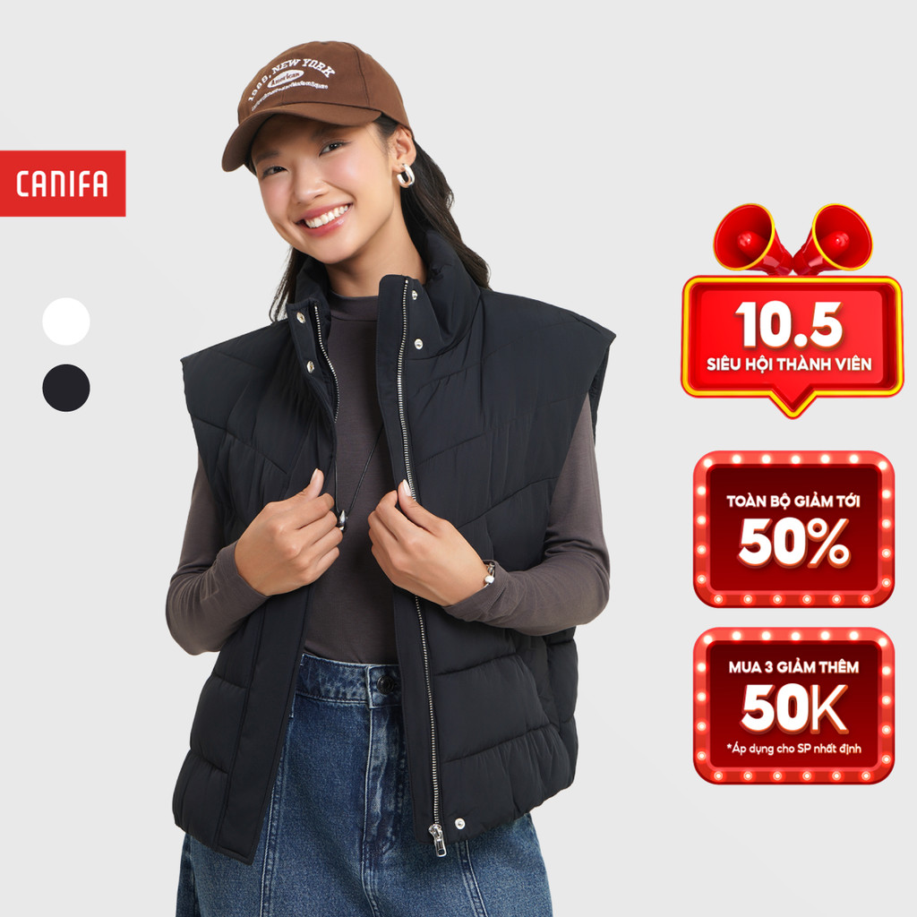 CANIFA เสื้อแจ็คเก็ตผ้าควิลท์ผู้หญิง แขนกุด คอปกสูง แสงซุปเปอร์ ซุปเปอร์วอร์ม 6OT25W001