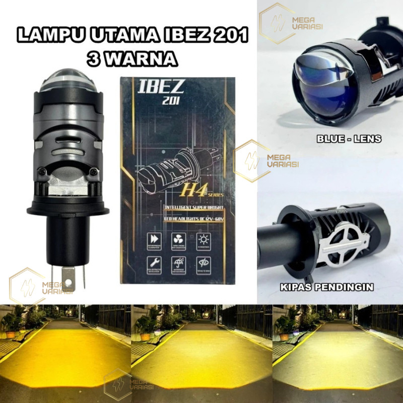 IBEZ 201 H4 Mini Bilined Projector ไฟหน้า 3 สีพัดลมระบายความร้อนทุกสภาพอากาศ Bluelens Mini Projector
