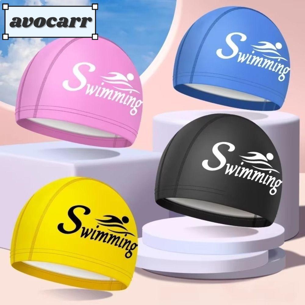 AVOCAR หมวกว่ายน้ํา, PU กันน้ําพิมพ์หมวกว่ายน้ํา,อินเทรนด์ผมยาวป้องกันหูขนาดใหญ่สระว่ายน้ําหมวกอาบน้ําสําหรับผู้หญิงผู้ชาย