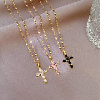 COD Kalung Titanium Wanita Anti Karat Liontin Salib Hitam Zircon Aksesoris Fashion Kekinian