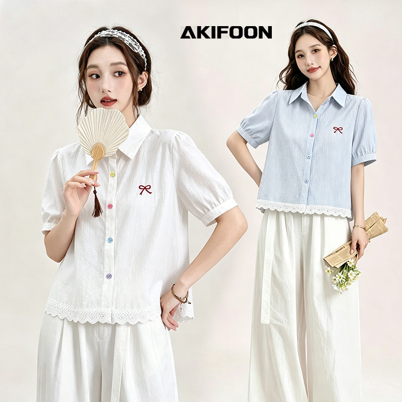 เสื้อเชิ้ตแขนสั้นคอปกแบบกระดุมแถวเดียวลายทางสไตล์ใหม่สำหรับฤดูร้อน ดีไซน์หวานและน่ารัก พร้อมขอบลูกไม้สีสันสดใส#W635