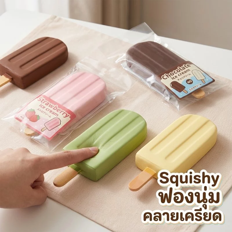 ของเล่นบีบ สกุชชี่ คลายเครียด เด้งช้า นุ่มนิ่ม ของเล่นพกพา สุ่มลาย ไอศกรีม น่ารัก บีบเล่น