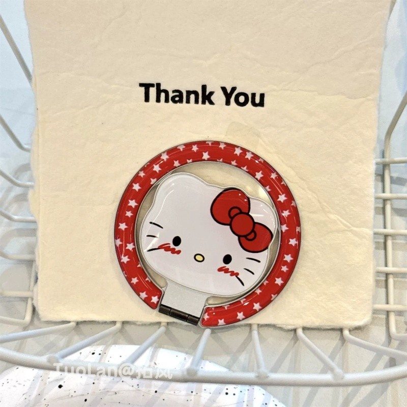 การ์ตูน Hello Kitty ที่วางโทรศัพท์แม่เหล็กพร้อมกระจกแหวนนิ้วมือ Grip ขาตั้งยึดแบบพับได้สําหรับ Magsafe Case และ IPhone 13 15 16 17 Pro Max 14 Plus
