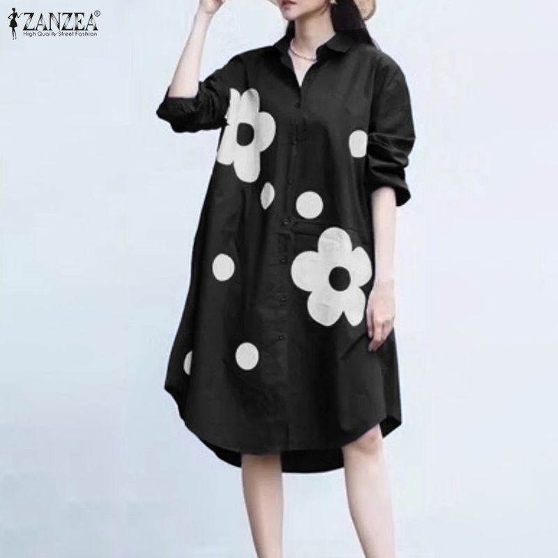 ZANZEA ผู้หญิงเกาหลีสตรีทแฟชั่น Turn-Down-Collar แขนยาว Contrast พิมพ์ลายดอกไม้ A-Line เสื้อเดรส — صورة 4