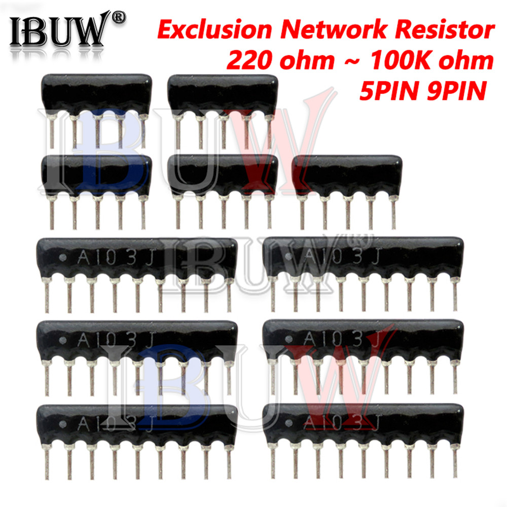 10pcs 5PIN 9PIN excusion Network Resistor Rey DIP 100 220 330 470 510 680 1K 1.2K 1.5K 2K 2.2K 3.3K 