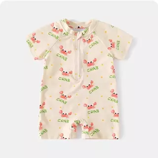 พร้อมส่ง ชุดว่ายน้ำเด็กผู้หญิง/เด็กผู้ชายมีซิบหน้า สีเหลืองแต่งน้องปู รุ่นนี้แถมหมวกว่ายน้ำด้วยค่ะ น่ารักมาก SW ALB