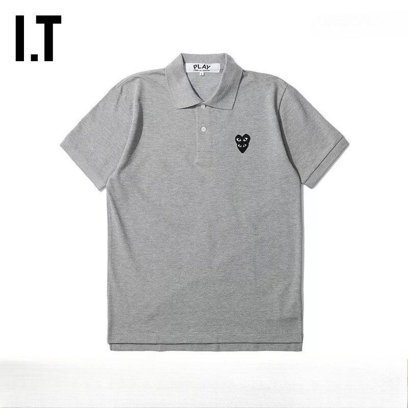 CDG Classic Stacked Heart Double Eye เสื้อโปโลปักแฟชั่นลําลองคอปกสีเทาผู้ชายแขนสั้น