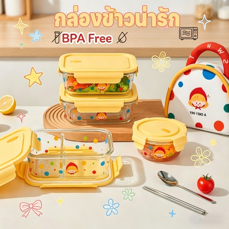 COD กล่องข้าว กล่องข้าวแก้ว ลายการ์ตูน กันรั่ว แยกช่อง ใช้กับไมโครเวฟและตู้เย็นได้ BPA Free