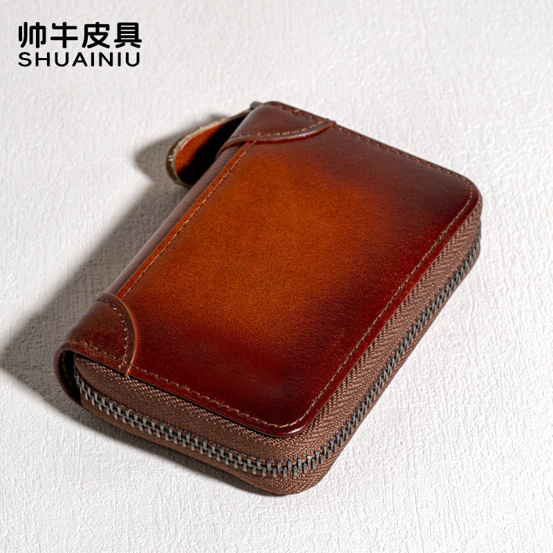 High-End แบบพกพา Oil Wax หนังผู้ถือบัตรสั้น Multi-Card Organ ผู้ถือบัตรของแท้หนัง Cowhide ขนาดใหญ่-ค