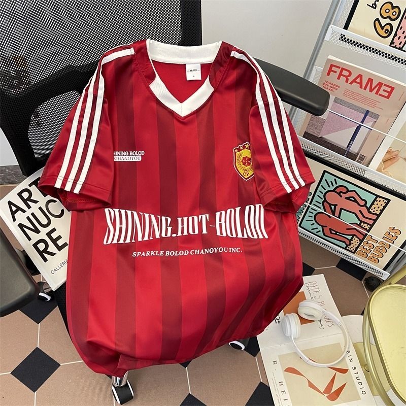 American Retro Striped Three Jersey ผู้ชายผู้หญิงสไตล์ Street Wear Loose Leisure Dopamine Jersey Dop