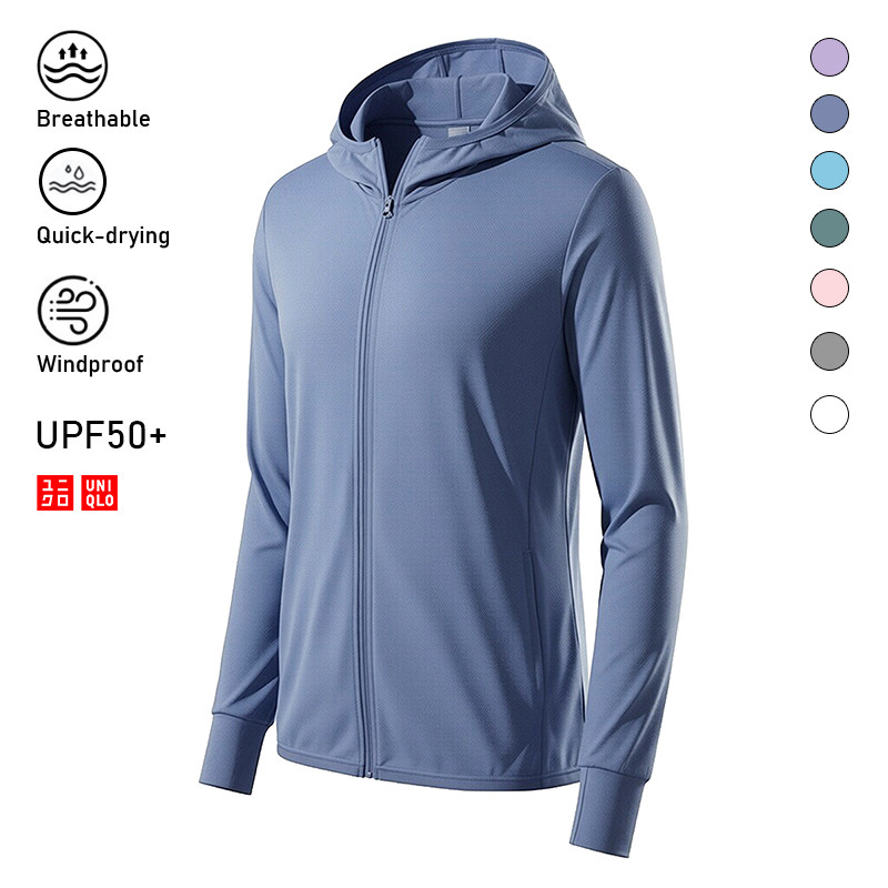 M-5XL UNIQL0 Airism แจ็คเก็ตกันแดด ผู้ชายระบายอากาศ UPF50 + ตาข่ายกลางแจ้ง Hooded เดินเที่ยวป้องกันแดดเสื้อผ้า Coat