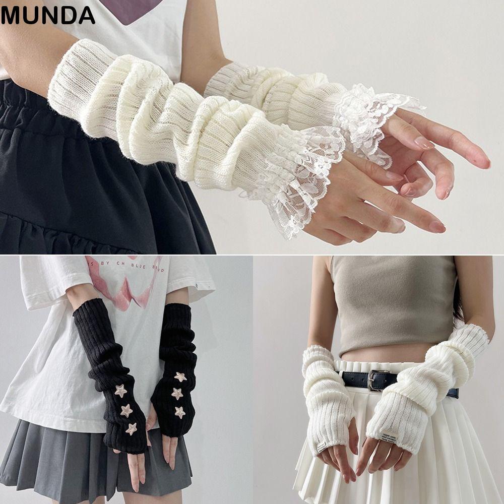 MUNDA ถุงมือถักฟังเกอร์เลส สีดำสีขาว ข้อมือยาว แบบไม่มีนิ้ว สไตล์ญี่ปุ่น อุ่น-elbow สำหรับยุค Y2K แฟชั่นหญิง