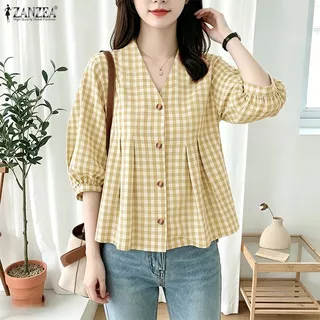 ZANZEA เสื้อลายสก๊อตทรงหลวม คอวี สไตล์ลำลองแบบเกาหลี