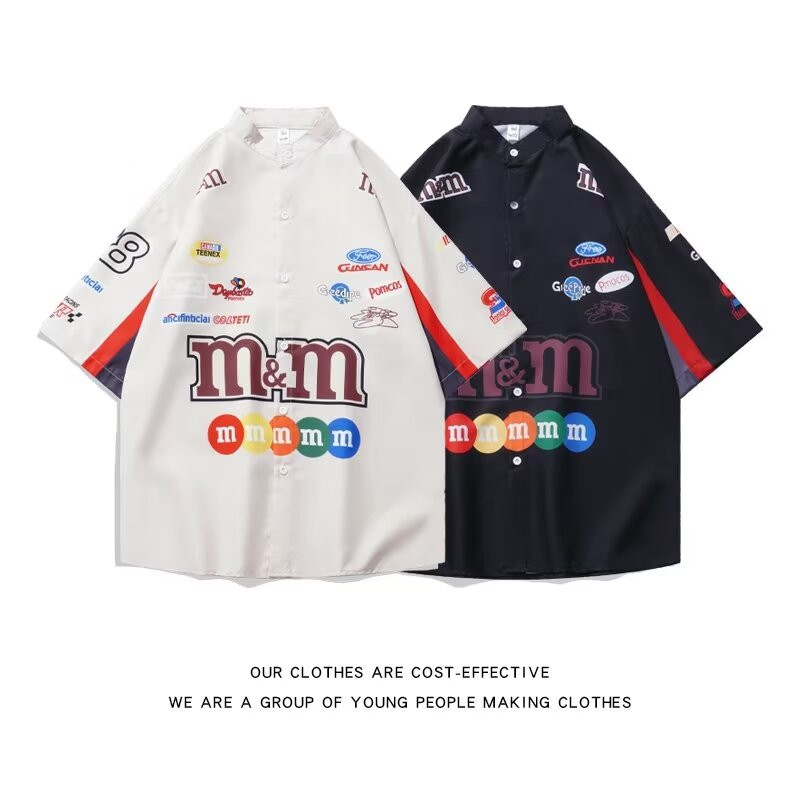 เสื้อเชิ้ตแขนสั้นสไตล์อเมริกันเรโตรูปแบบตัวอักษร
