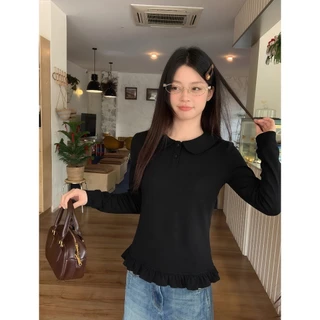 B&R พร้อมส่ง เสื้อแขนยาวสไตล์เกาหลีสำหรับผู้หญิง เสื้อยืดคอปกปีเตอร์แพนผ้าลูกไม้ ชั้นฐานด้านใน ขนาด M-2XL