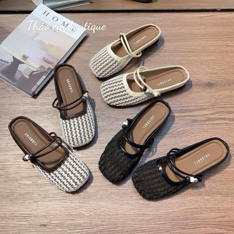 [Thao Em - SL611] รองเท้าส้นเตี้ยตาข่ายผู้หญิงมีหัวกลมและสายโบว์มุก [Ready Stock].