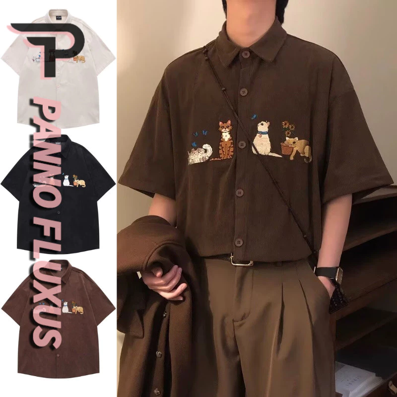 เสื้อเชิ้ตผู้ชายแขนสั้น อเมริกันย้อนยุค สไตล์วิทยาลัย