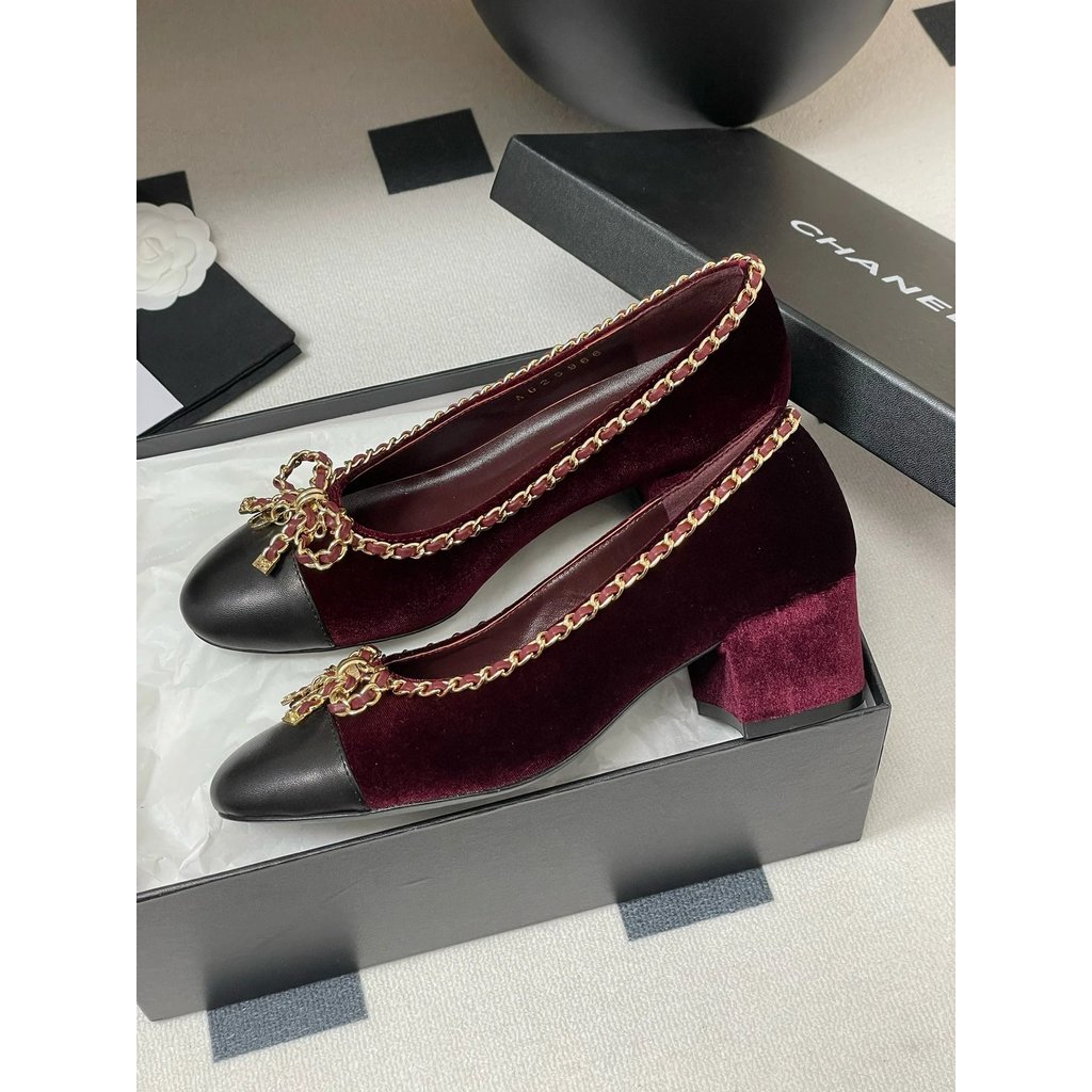 2025.4.3-6ซม. ส้น CHANEL CHANEL CHANEL รองเท้าผูกโบว์โซ่/รองเท้าส้นสูง
