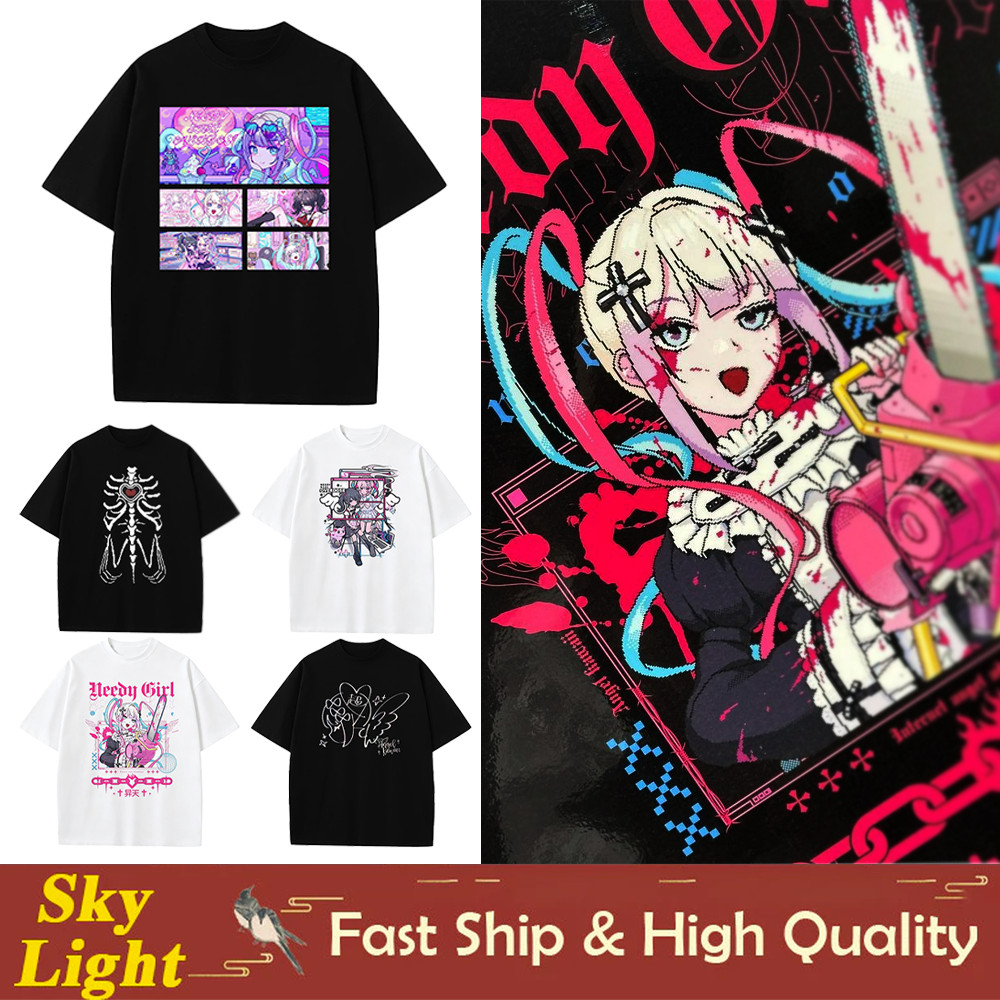 Needy Girl Overdose เสื้อสําหรับผู้ใหญ่โครงกระดูกรอบคอหลวม Unisex Kawaii Angel Demon คอสเพลย์ทุกวันชุด