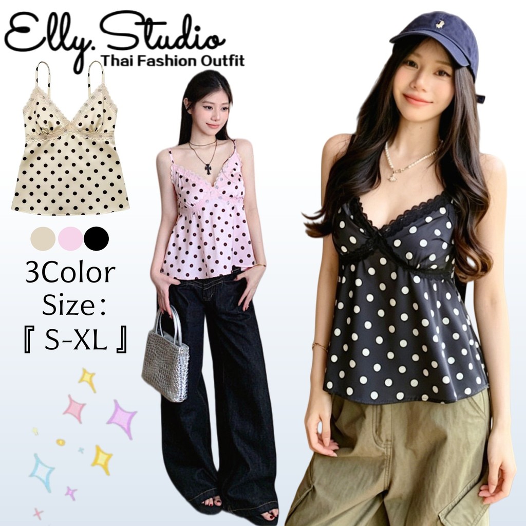 Elly พร้อมส่ง🦄เสื้อสายเดี่ยวลายจุด🦄แต่งตัวสวยสไตล์เกิร์ล สไตล์ยูริ น่ารักเซ็กซี่ แต่งตัวไปเที่ยวได้