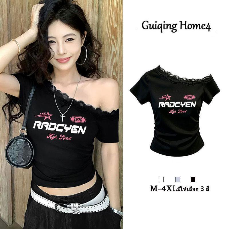 M-4XL เสื้อลูกไม้วัยรุ่นสาวอวบ  เสื้อปาดไหล่ ข้างเดียว เสื้อสีดําสวยหรูดูแพง เสื้อสวยๆของผู้หญิง สาวฮอตสาว ดีไซน์ล้ำสมัย
