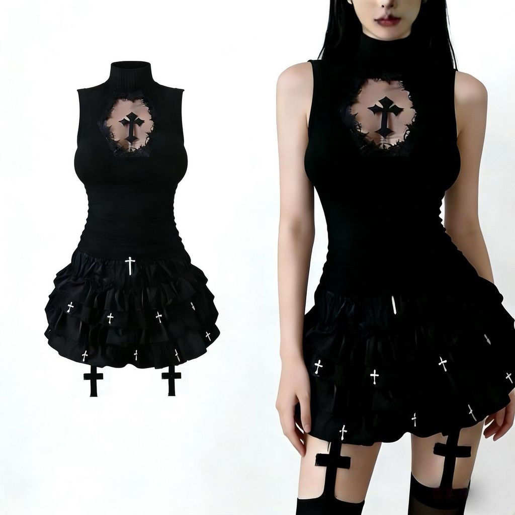 American dark gothic cross mesh sleeveless crop top+ tutu skirt set for women spring/summer