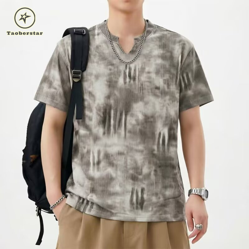Taoberstar เสื้อยืดแขนสั้นผู้ชาย Tie-Dye แฟชั่นคอกลมลําลอง