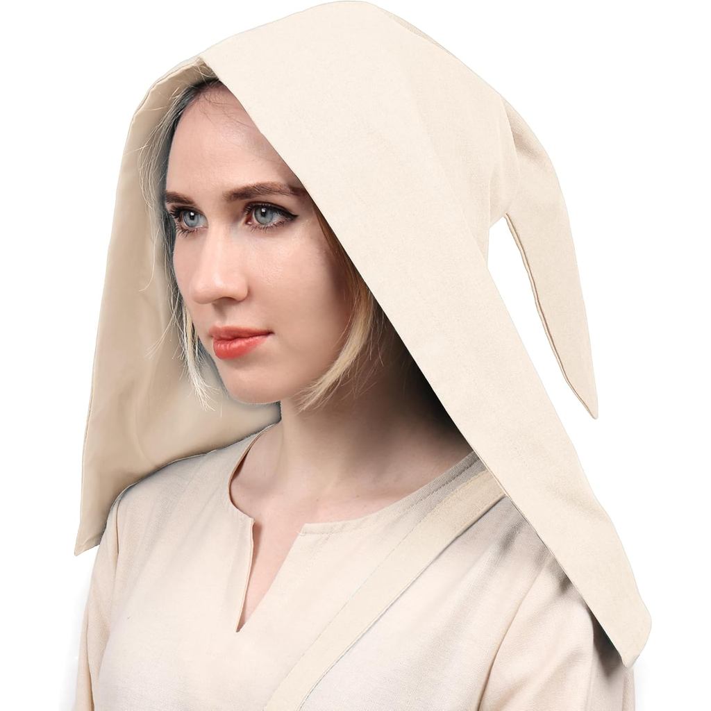 PROCOS สตรียุคกลาง Coif หมวก Liripipe Hood Peasant หมวกผ้าลินินชี้ 15th Century Renaissance Earflaps