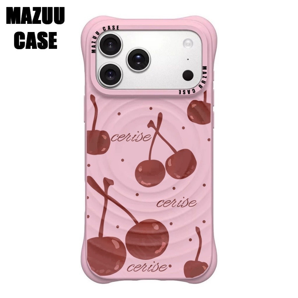 เคสไอโฟนแม่เหล็ก ลอนคลื่น มุมหนากันกระแทก ซิลิโคนชมพู ลายเชอร์รี่ iPhone 17 16 15 14 13 Pro Max Plus