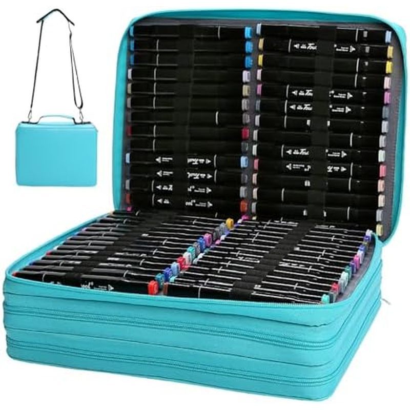 Marker Bag 168 Slot 3 Layer Marker Case with Zipper, Tote & Shoulder Strap Portable Oxford Cloth Wat