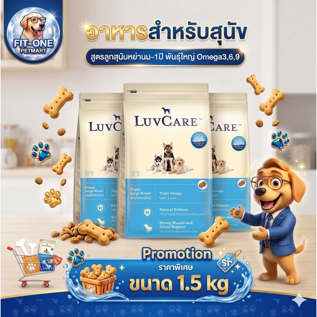 LuvCare ลูกสุนัขพันธุ์ใหญ่ (สูตร OMEGA3,6,9) 1.50 กิโลกรัม{อาหารสุนัขเม็ด}