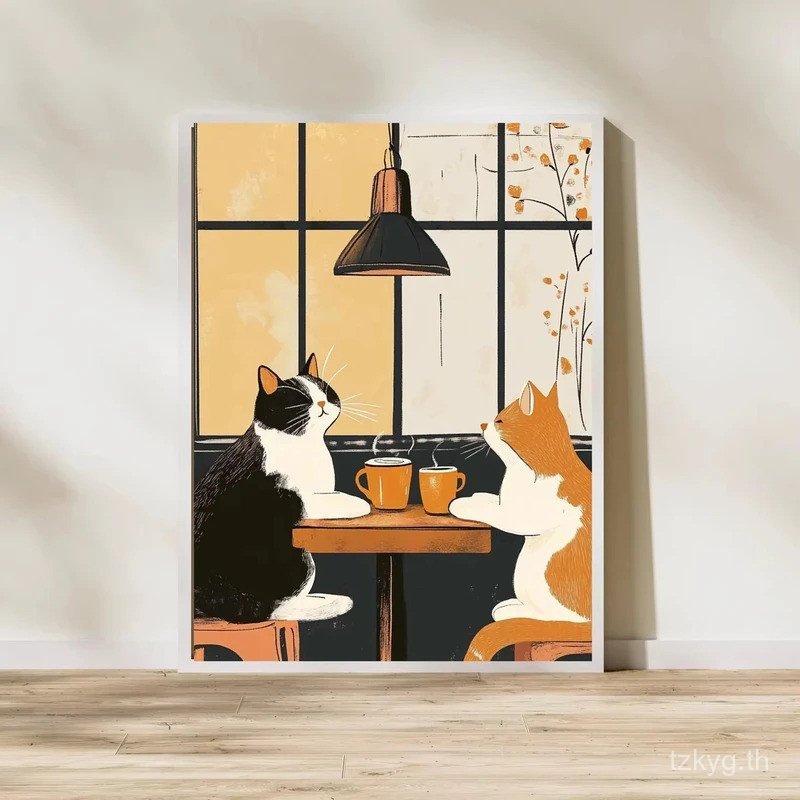 ROFK (1 PC frameless) Funny Cat Coffee Wall Art สําหรับ Tabby และ Tuxedo Cat เจ้าของ Vintage Cat Caf
