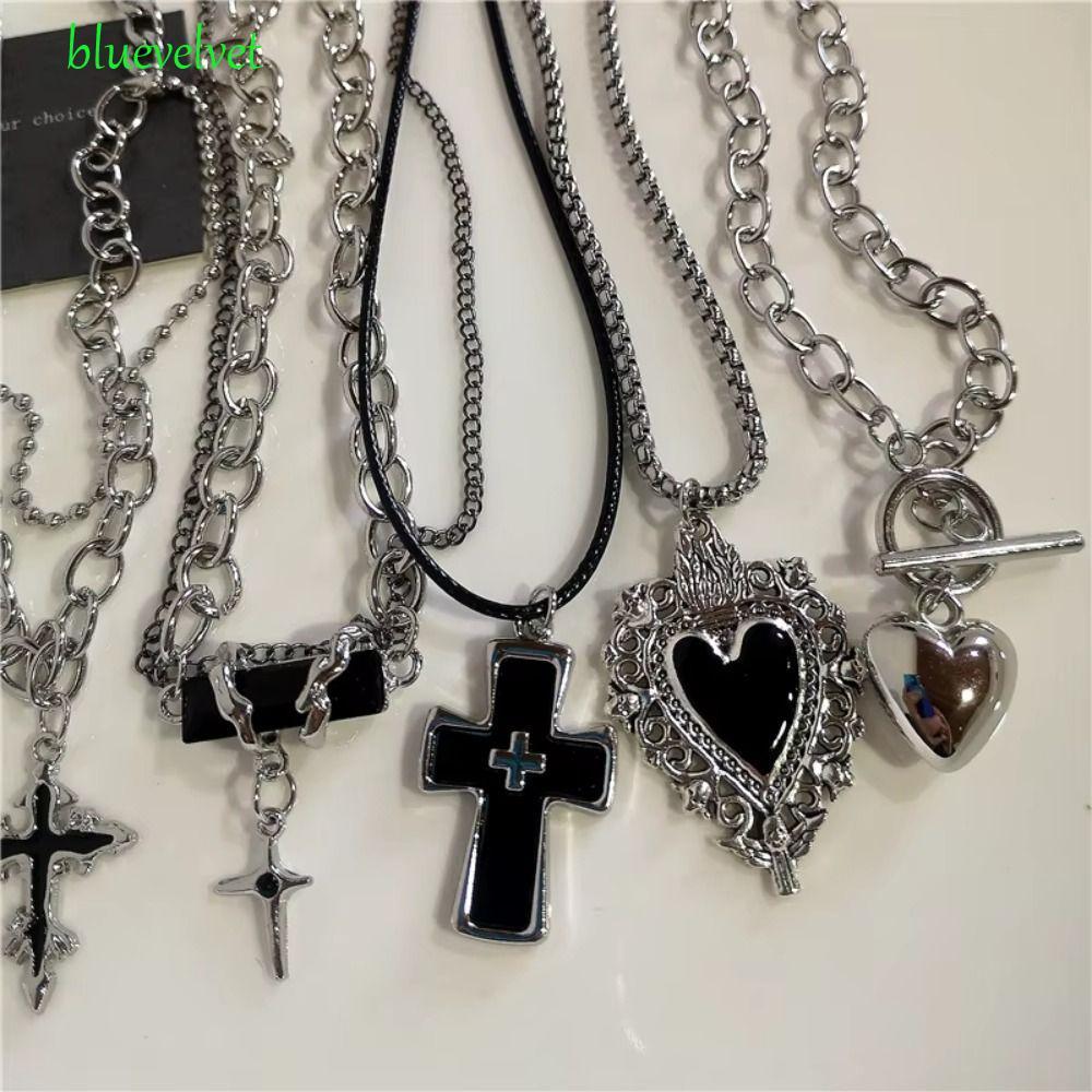 BLUEVELVET 90s Y2Kสร้อยคอ,โลหะผสมสังกะสีStreet Vintage Punk Rockสร้อยคอ,แฟชั่นโกธิคหัวใจสีดําเสื้อกั